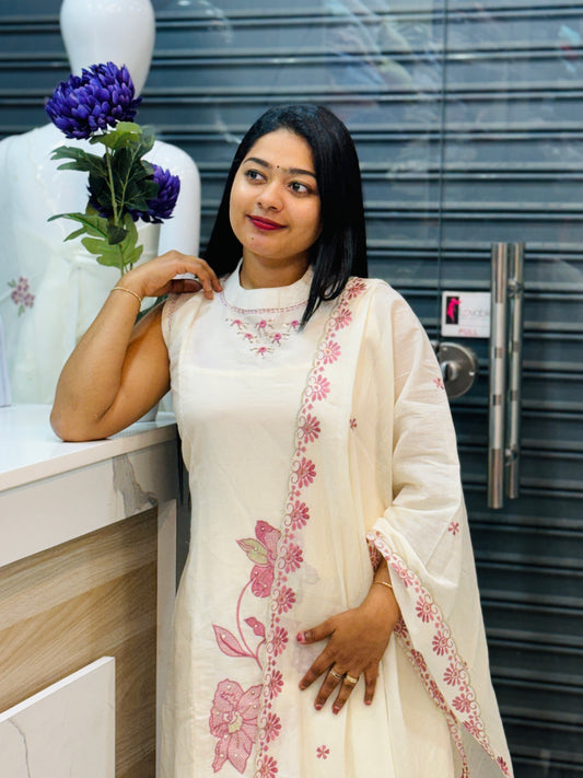 Festive Pink Embroidery High-Neck Dress