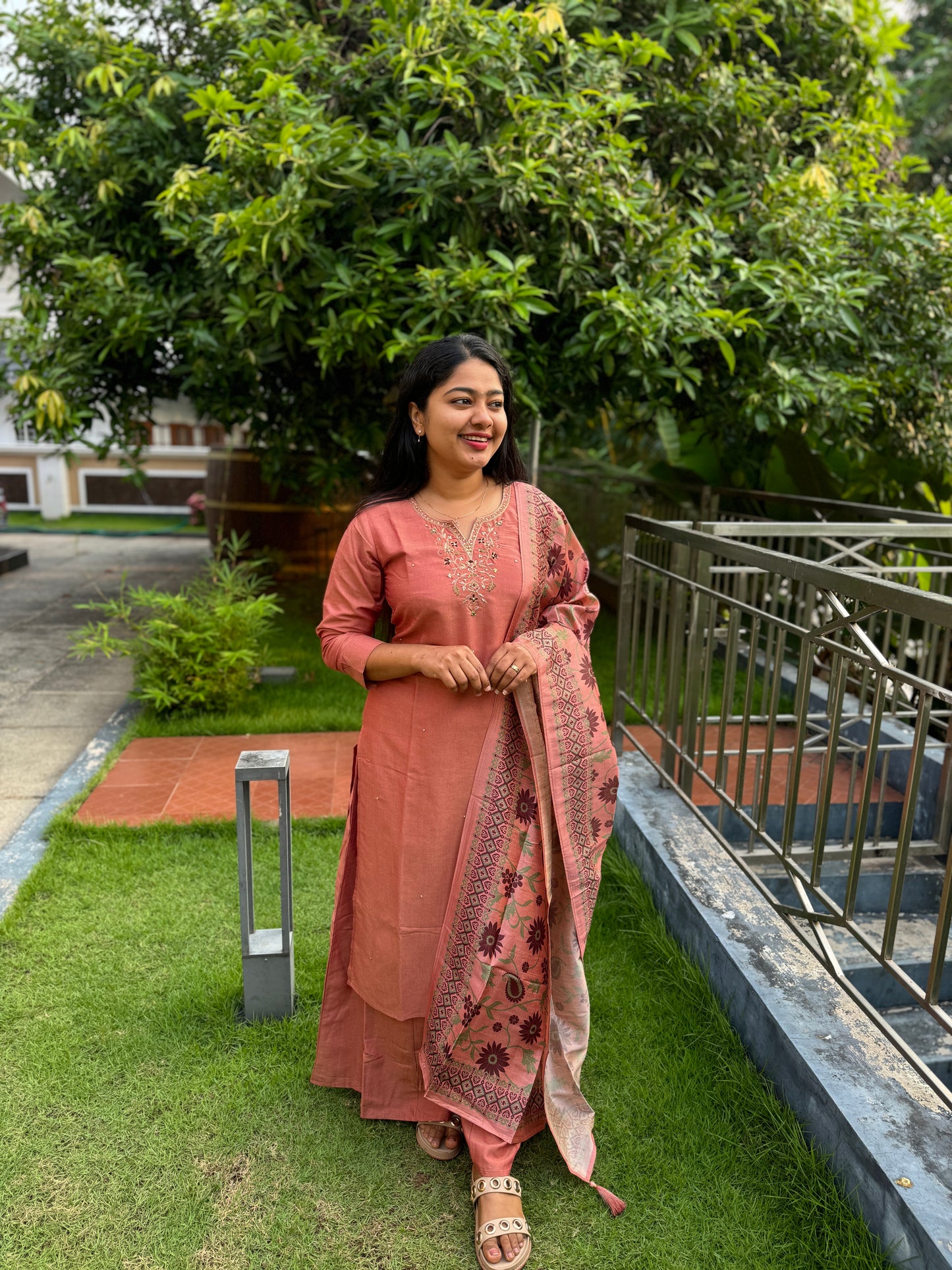 Royal Jute cotton -3 Piece Salwar Suit with intricate thread work and Chanderi Silk Duppatta -A1340