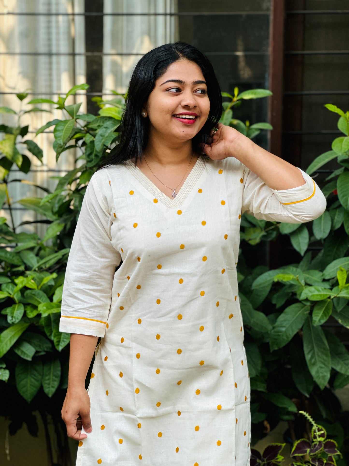Off white Jute Cotton Kurta Top with yellow polka dots-A1314