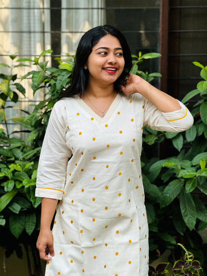 Off white Jute Cotton Kurta Top with yellow polka dots-A1314
