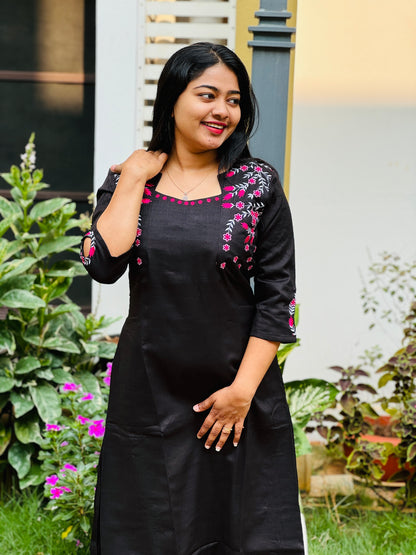 Black Cotton Kurta Top with intricate thread work -A1016