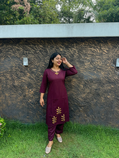 Elegant Wine Semi-Modal Silk Kurti – Applique & Kantha Work - A1385