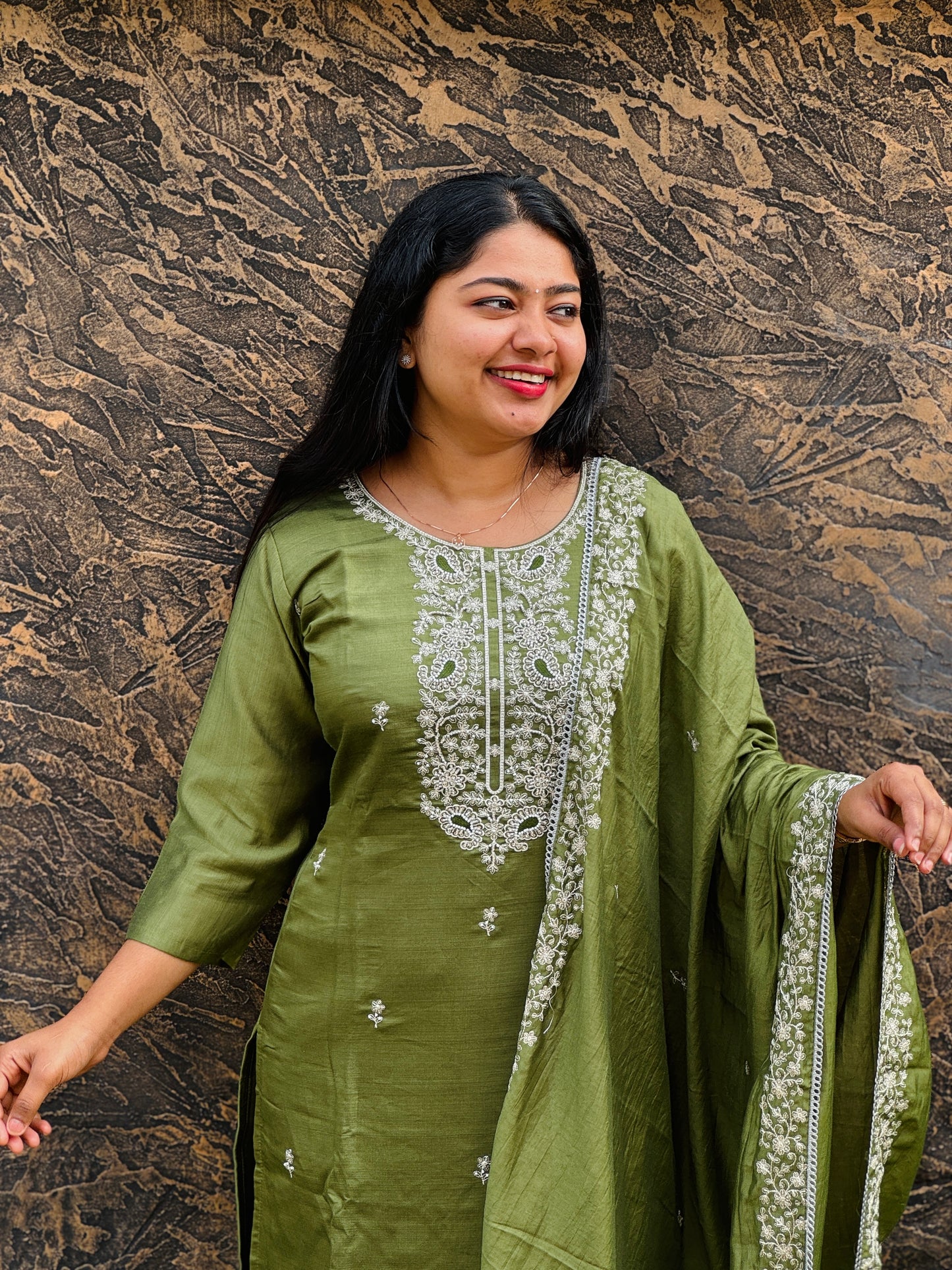 Handcrafted Soft Silk Salwar Set in Lavender & Olive Green - A1364