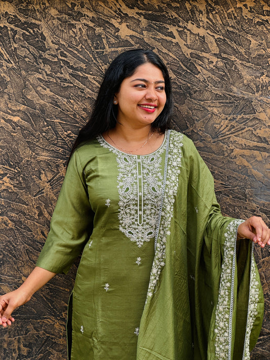 Handcrafted Soft Silk Salwar Set in Lavender & Olive Green - A1364