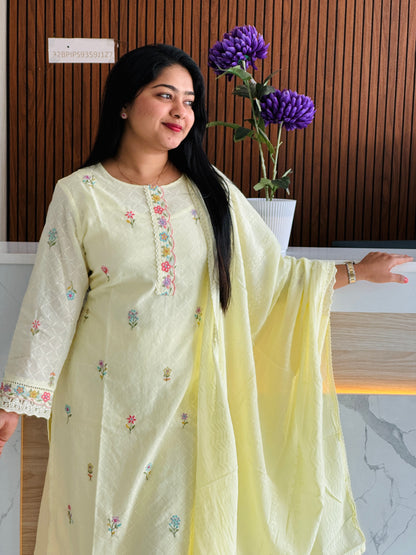 Premium Mul Mul Cotton 3 Piece ( Mint Green & Yellow ) A1662