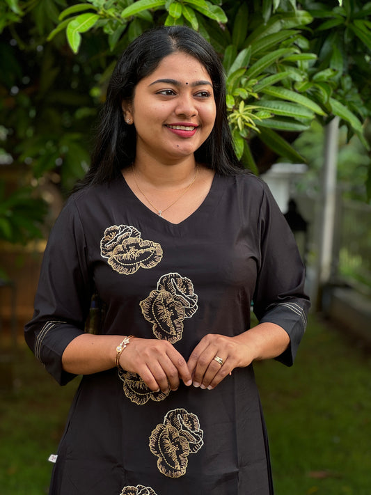 Black Viscous Pure Cotton Embroidery Top -A1329