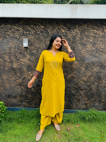 Lime Yellow Soft Cotton Cord Set Adorned with graceful Kalamkari pattern- A1427