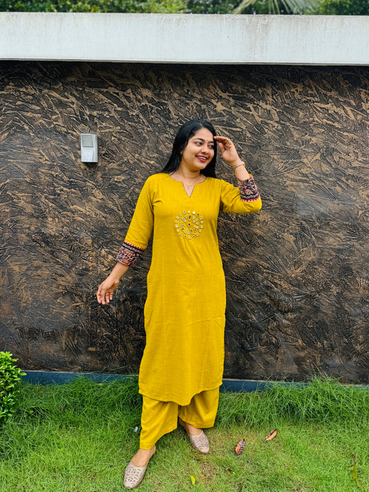 Lime Yellow Soft Cotton Cord Set Adorned with graceful Kalamkari pattern- A1427