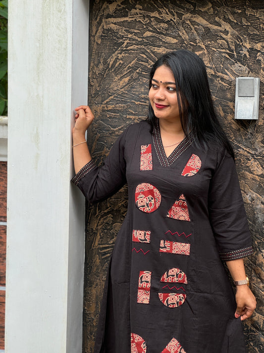 Black Khadi Cotton Cord Set with Ajrak Detailing