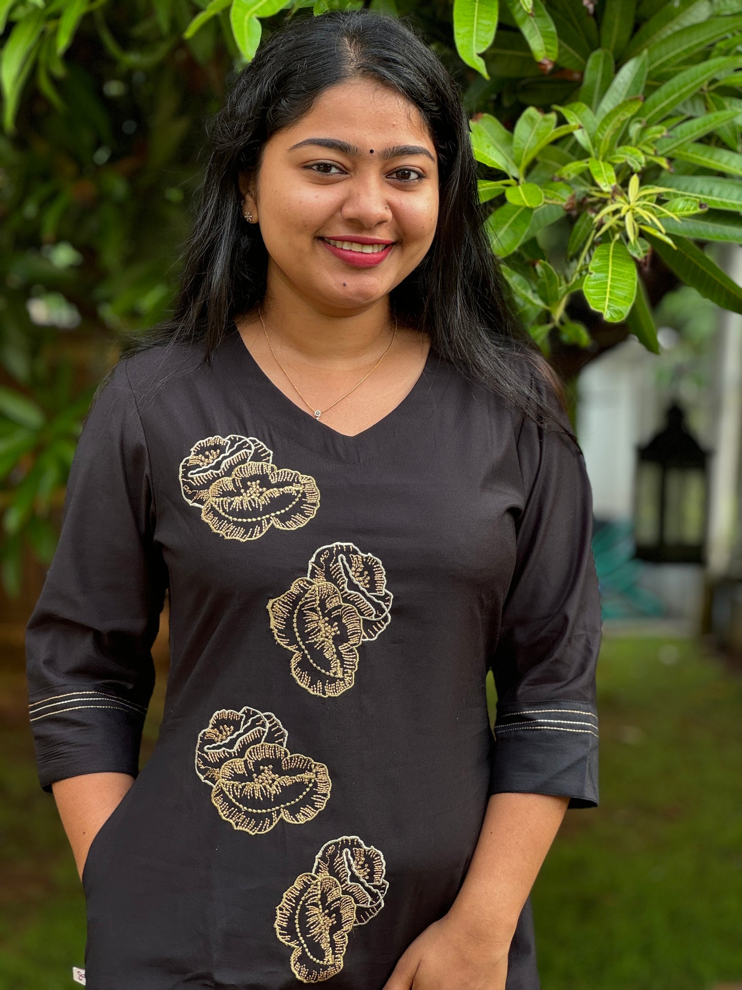 Black Viscous Pure Cotton Embroidery Top -A1329