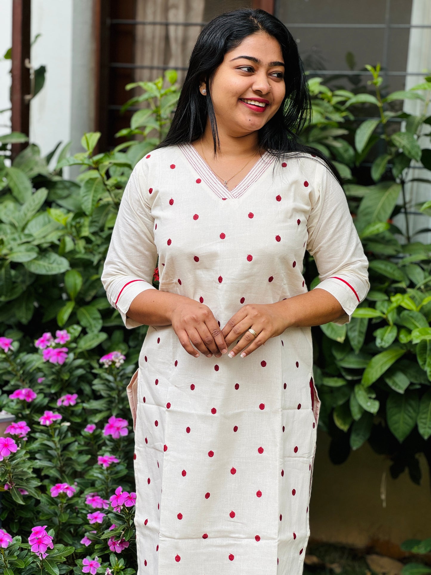 Off white Jute Cotton Kurta Top with red polka dots-A1314