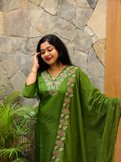 Purple & Green Chanderi Silk 3-Piece Set A1943