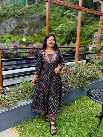 Black with floral print Cotton Anarkali 3 piece Salwar Set A- 1568