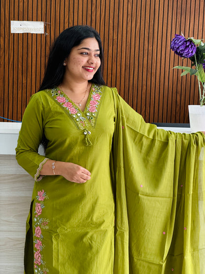 Parrot Green & Black Mul Cotton 3-Piece Set A1750
