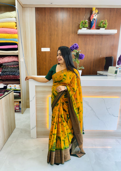 Premium Chanderi Silk Saree (mustard yellow&green )  ✨A1666