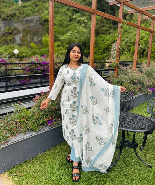 Off-white & Sky Blue 3-piece Cotton Set A- 1572