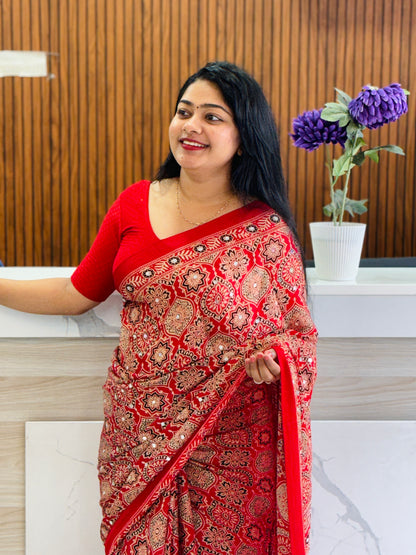 Premium Maroon & Red Ajrak Mirror Work Saree A1924