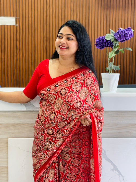 Premium Red Ajrak Mirror Work Saree♥️ A1924