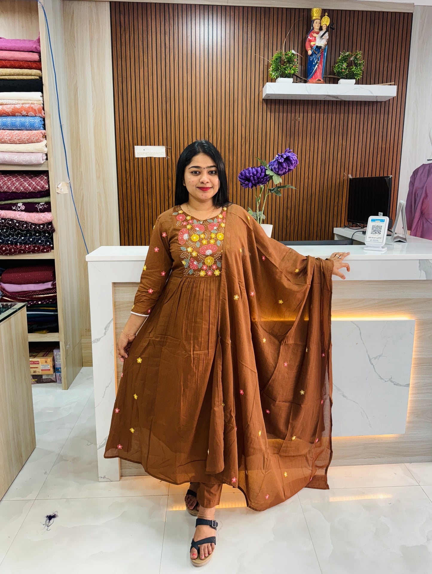 Brown Color Mul Cotton Embroidered 3-Piece Set A1648