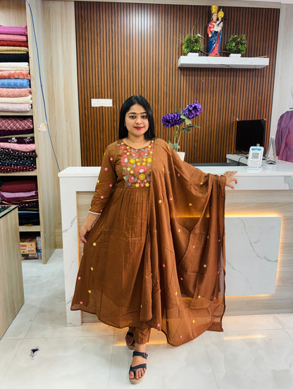 Brown Color Mul Cotton Embroidered 3-Piece Set A1648