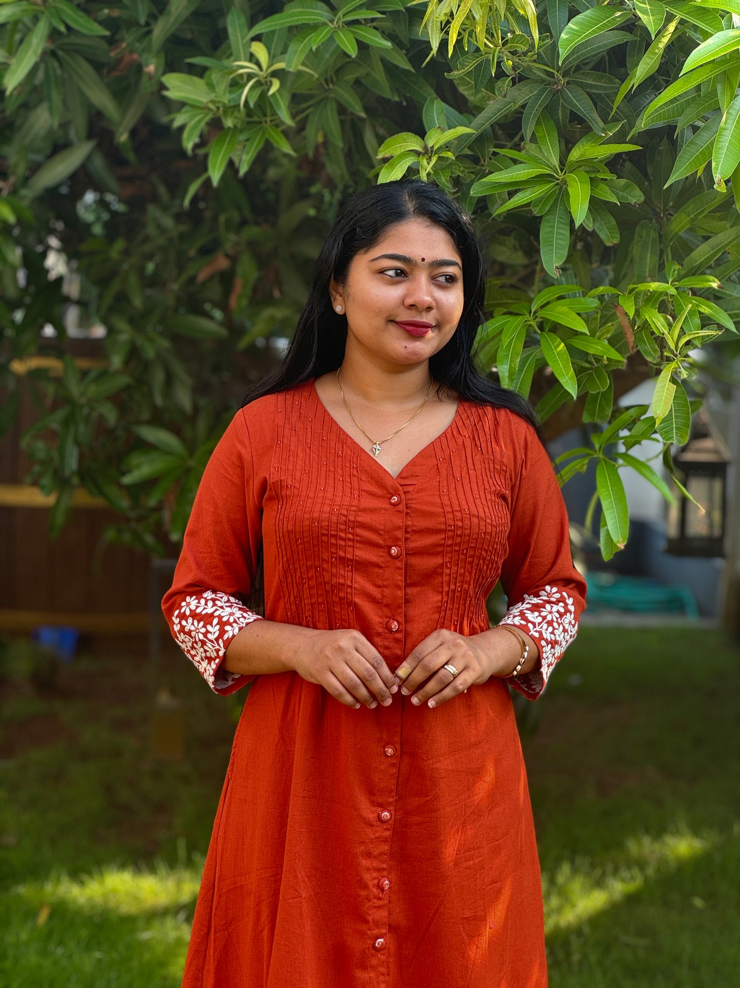 Elegant Brick Red Khadi Cotton Cord Set with Intricate Thread Work - A1396
