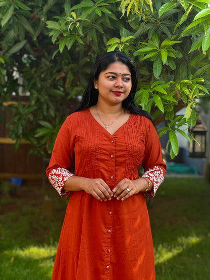 Elegant Brick Red Khadi Cotton Cord Set with Intricate Thread Work - A1396