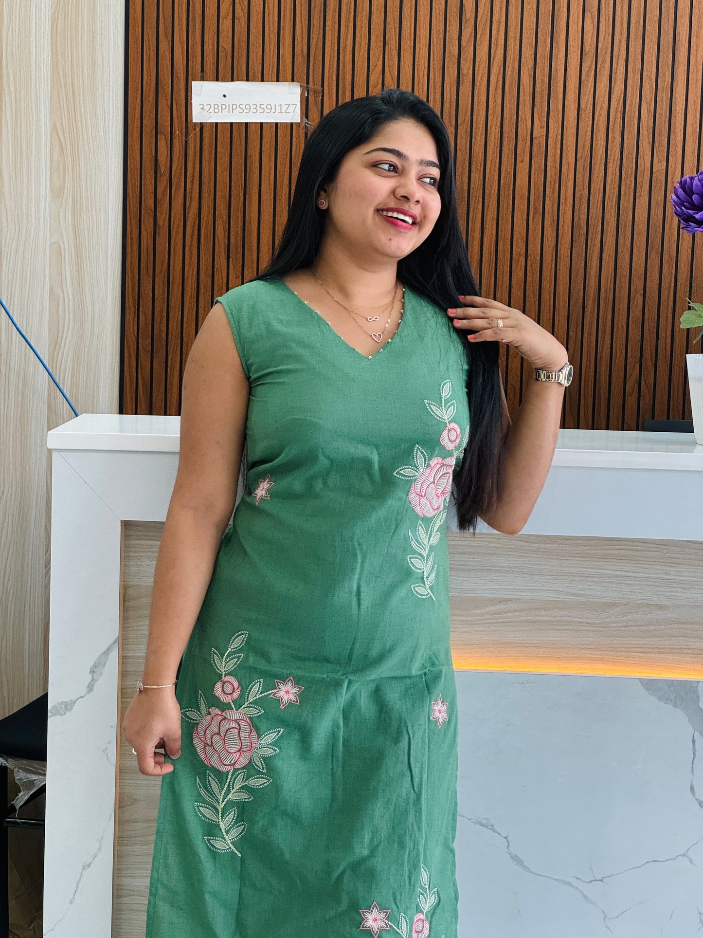 Yellow & Green Khadi Cotton Sleevless Cordset A1662