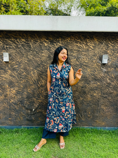 Blue Floral printed 2 piece Cotton Co-ord Set-A1308