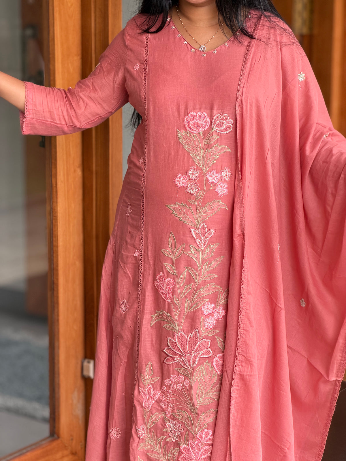Peach Mul Cotton Embroidered 3-Piece Set A2043