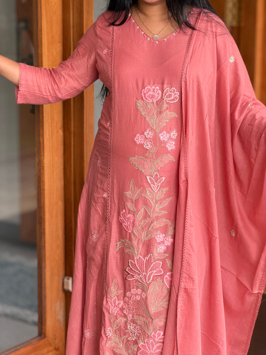 Peach Mul Cotton Embroidered 3-Piece Set A2043