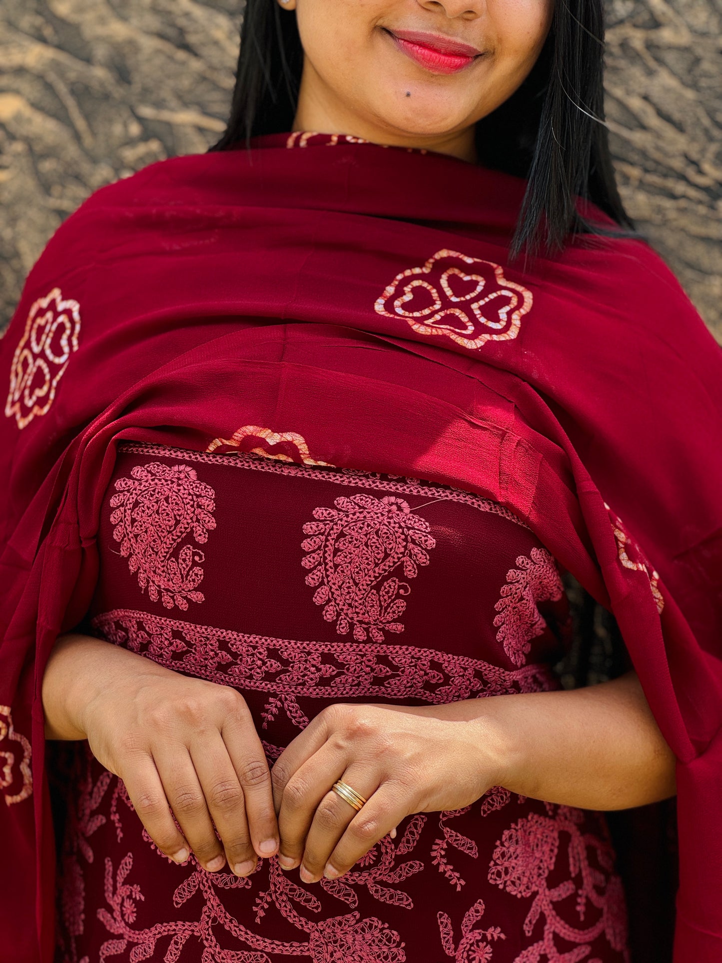 Unstitched three-piece set with intricate Chikankari threadwork on premium georgette fabric. - A1431