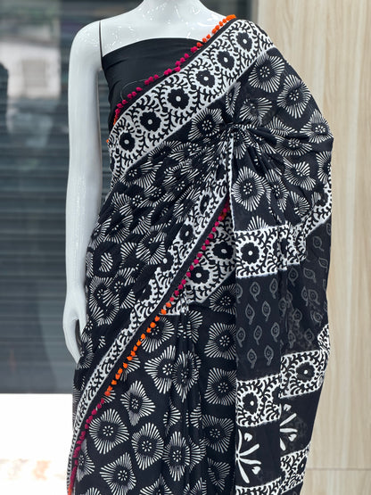 Black Soft Cotton Saree-A1345