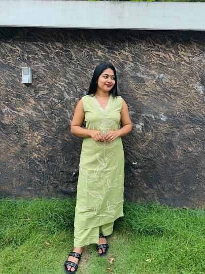 Pista Green & Mustard Yellow Khadi Cotton Corset Set A - 1518