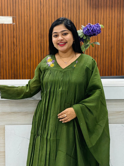 Olive Green Premium 3-Ps Chanderi Silk Set A1980