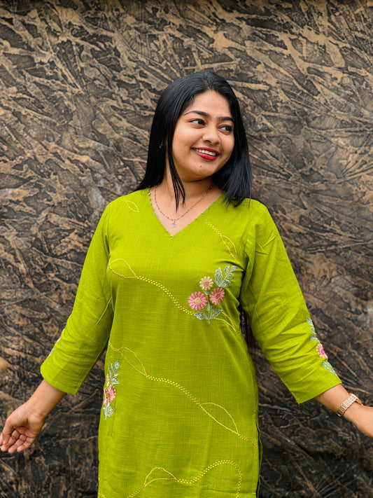 Brick Red & Parrot Green Cordset Crafted in breathable khadi cotton-A1489