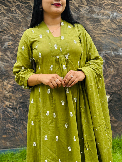 Pure cotton 3 piece Salwar set Orange & Green  A 1599