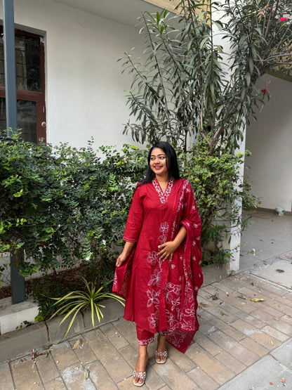 Maroon Soft cotton 3 Piece Salwar Suit with intricate thread work- A1311