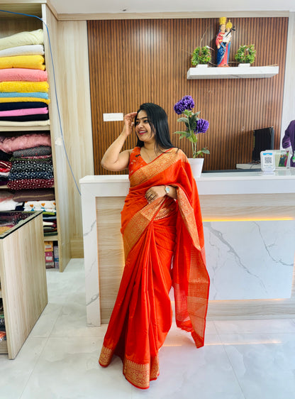Bright Orange Soya Silk Saree A1668