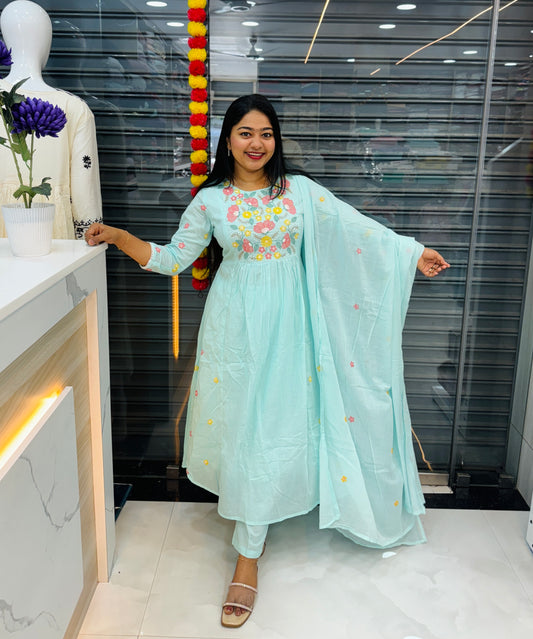 Sky Blue Mul Cotton Embroidered 3-Piece Set