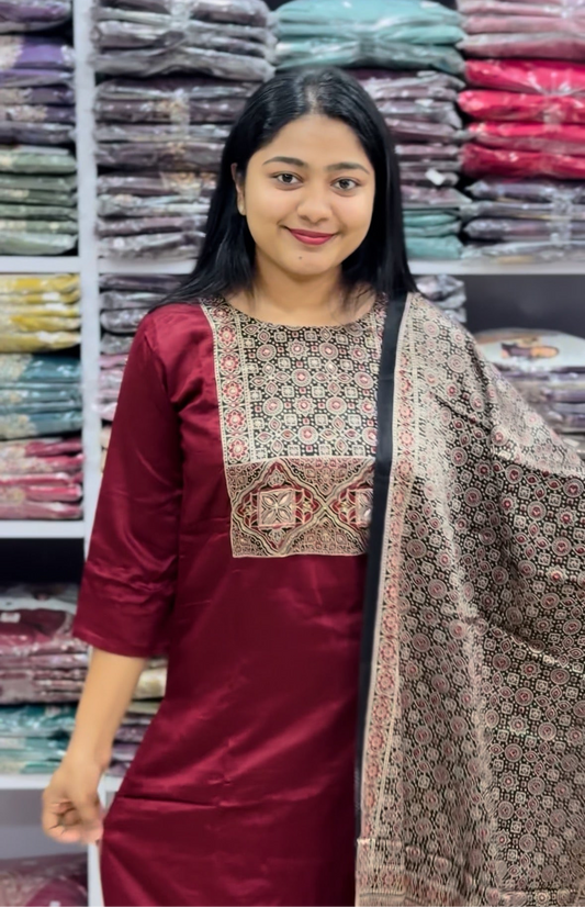 Maroon Modal Silk Set with Ajrak Dupatta – A1316
