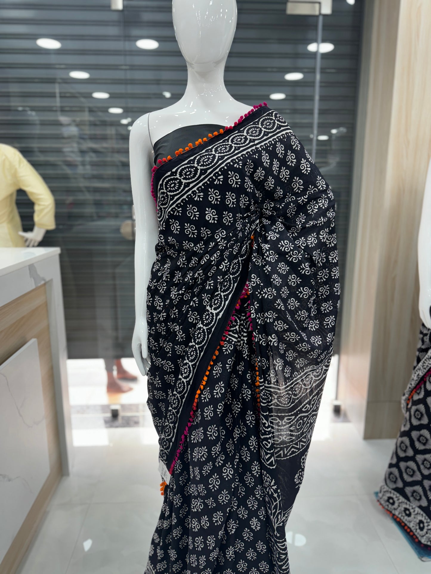 Black Soft Cotton Saree-A1345