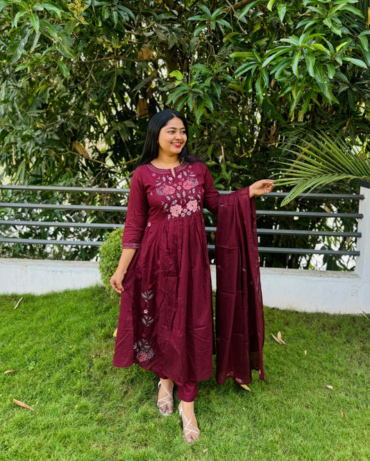 Maroon Color Mul Cotton Embroidered 3-Piece Set
