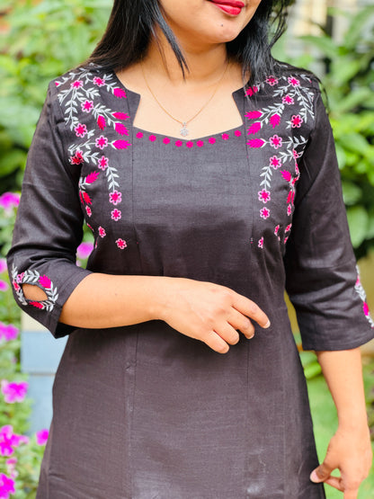 Black Cotton Kurta Top with intricate thread work -A1016