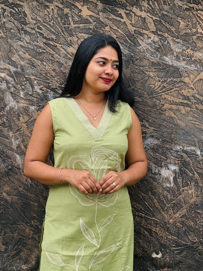 Pista Green & Mustard Yellow Khadi Cotton Corset Set A - 1518