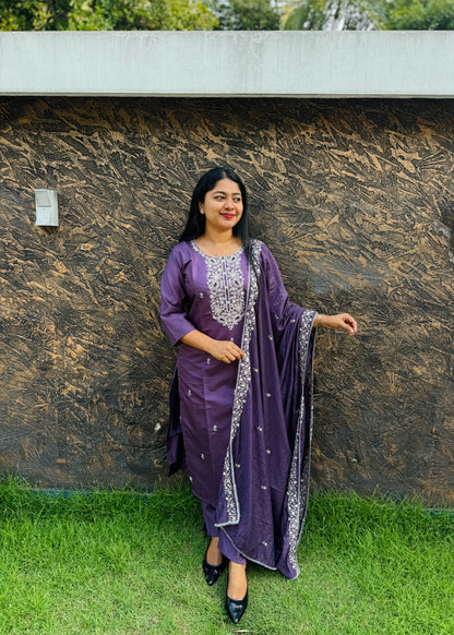 Handcrafted Soft Silk Salwar Set in Lavender & Olive Green - A1364