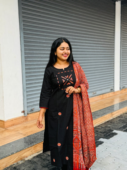 Pure Cotton Black 3 Piece Salwar Set With Ajrakh dupatta - A1343