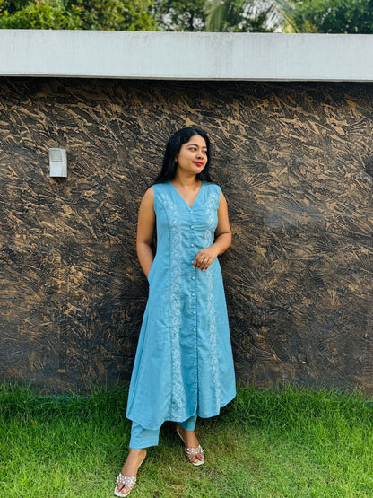 Khadi Cotton Cord Set – Brick Red & Sky Blue- A1386