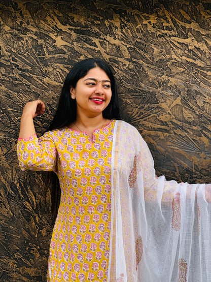 Cotton Handblock 3-Piece Salwar Set – Yellow & White - A1375