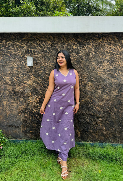 Elegant Khadi Cotton Cord Sets with Embroidery (3/4 Sleev attached ) : A 1468