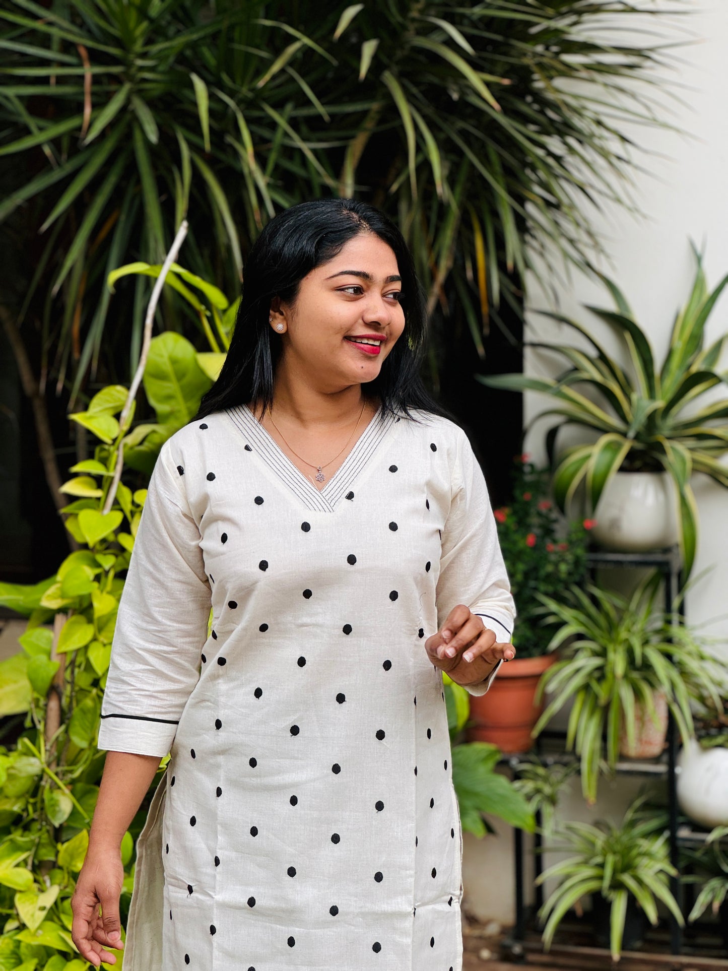 Off white Jute Cotton Kurta Top with Black polka dots-A1314
